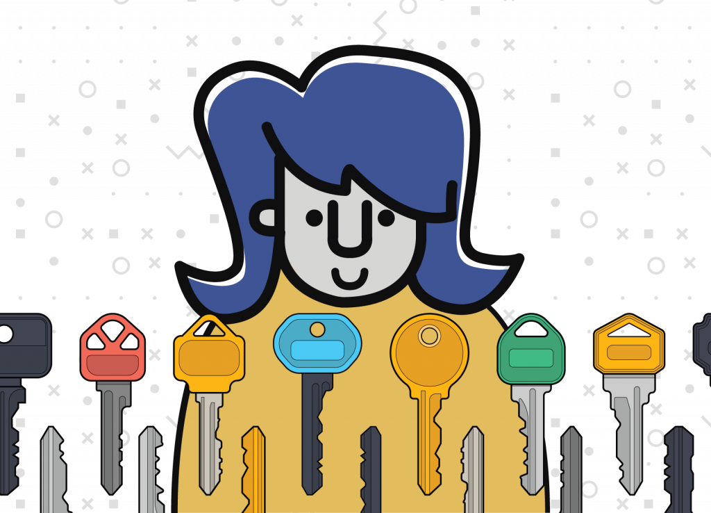 Illustration of a woman with many different shaped and coloured keys in front her.