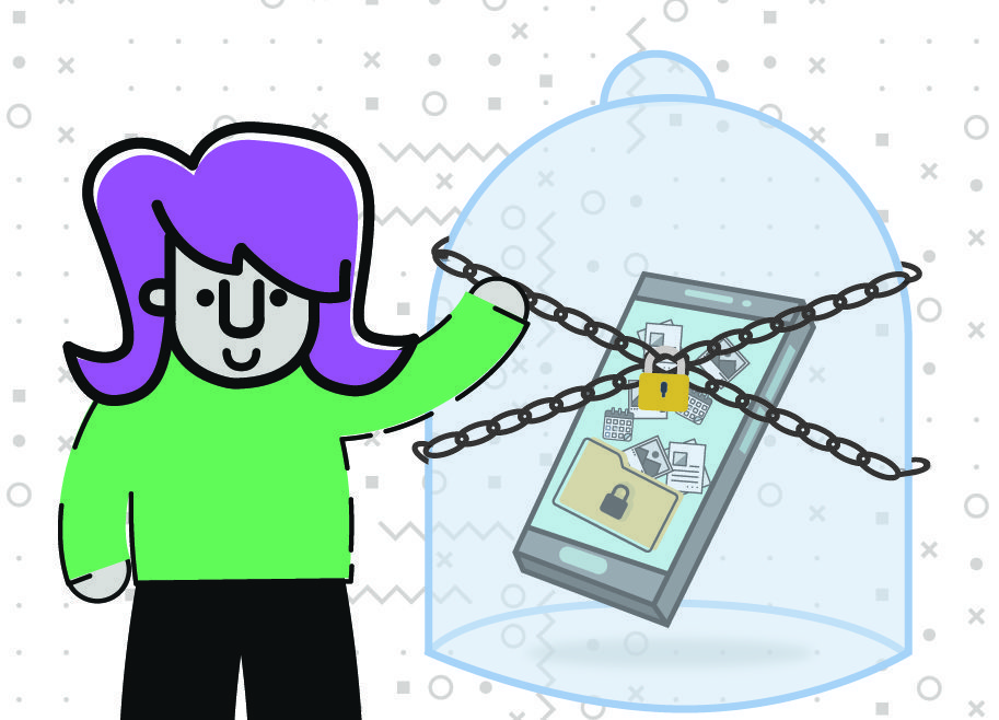 Illustration of a person keeping her phone chained and locked.
