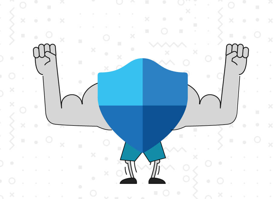 An illustration of the Windows Defender icon as a human body with strong arms.