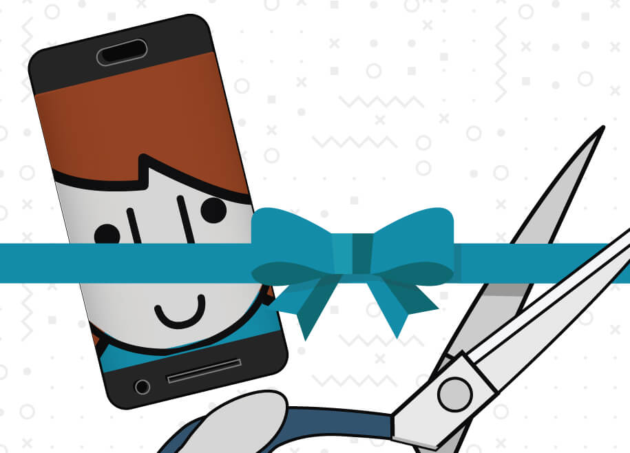 An illustration of a ribbon being cut by a scissor and a mobile phone behind.