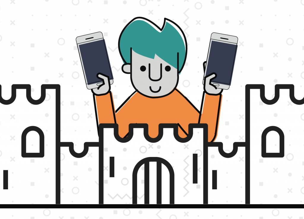 Illustration of a man holding two smartphones up in the air and standing behind a mini castle.