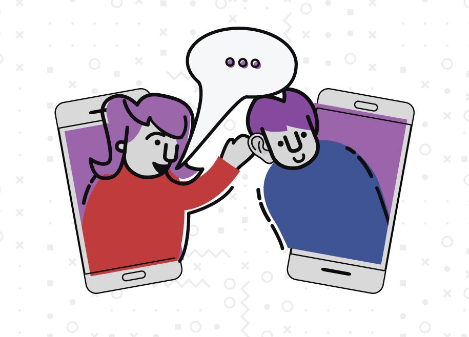 An illustration of two people inside the two phone screens conversing.
